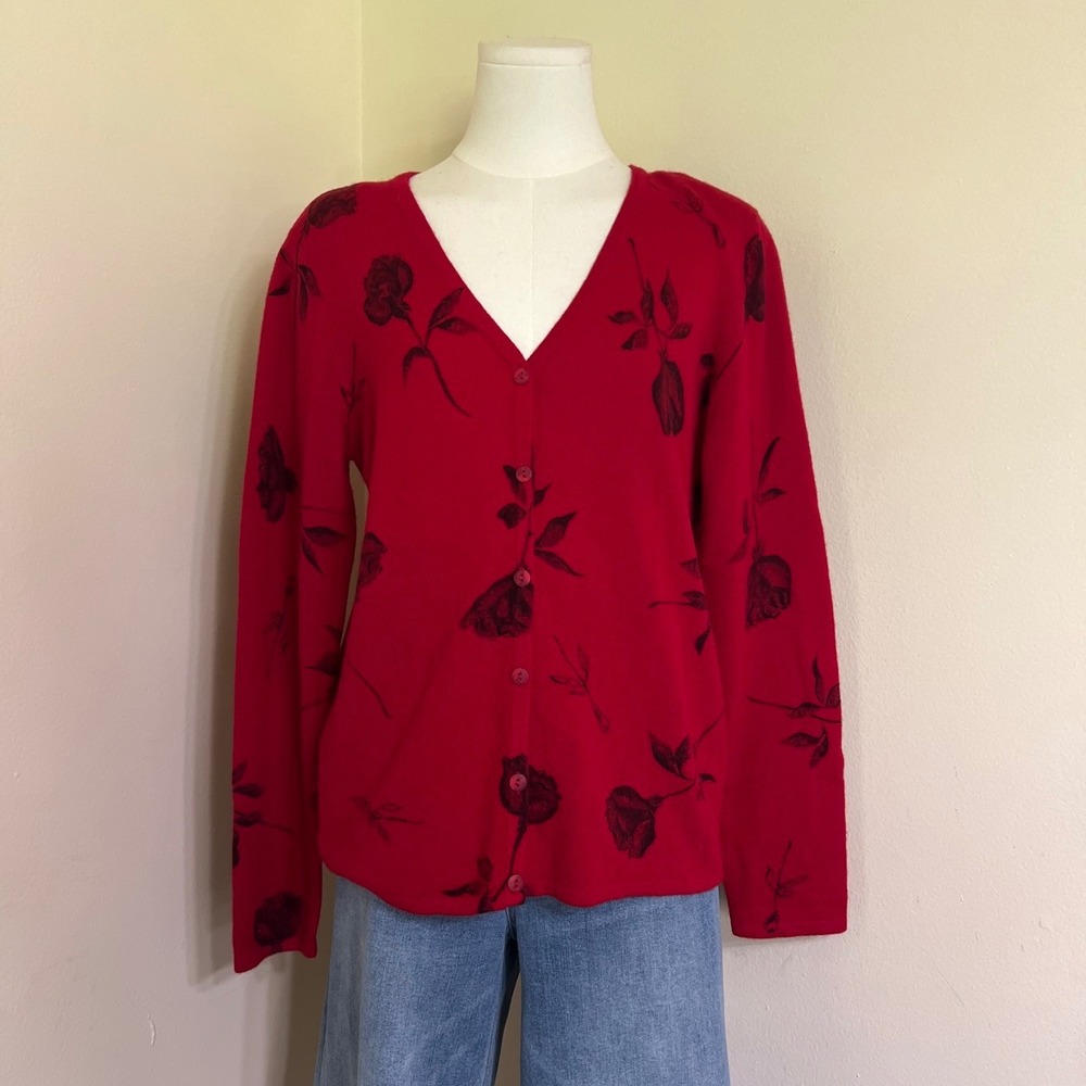 Nina Leonard Red Floral Rose Lambswool Angora V-Neck Cardigan Sweater Small